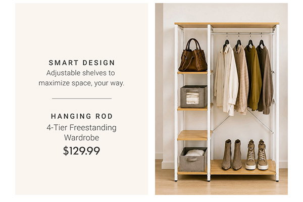 Smart Design: Adjustable shelves to maximize space, your way. 4-Tier Freestanding Wardrobe