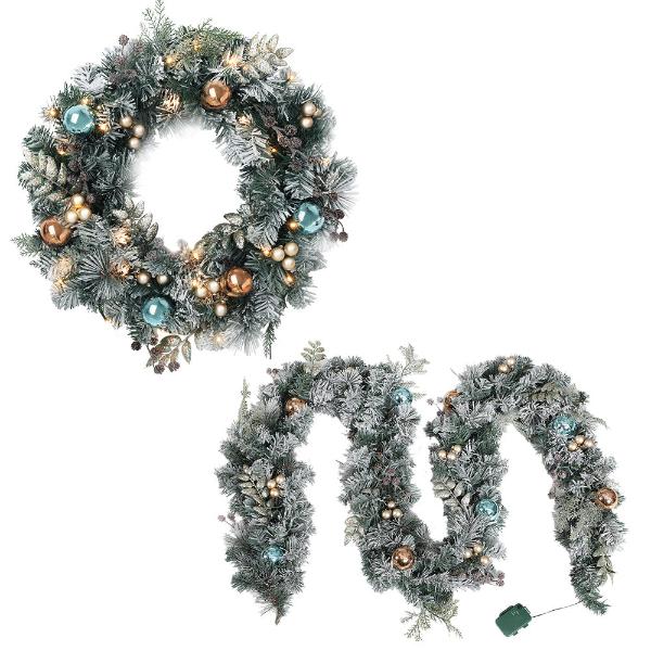 Christmas Garland With Wreath Set Snow Frosted Tree Decor