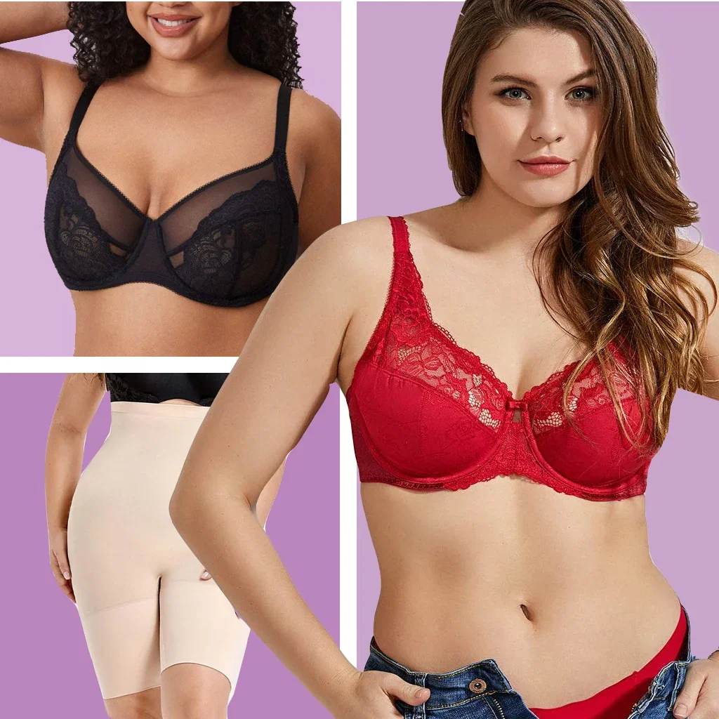 Underwear You'll Love collection featuring black lace bra, red lace bra, and beige shapewear shorts on purple background.