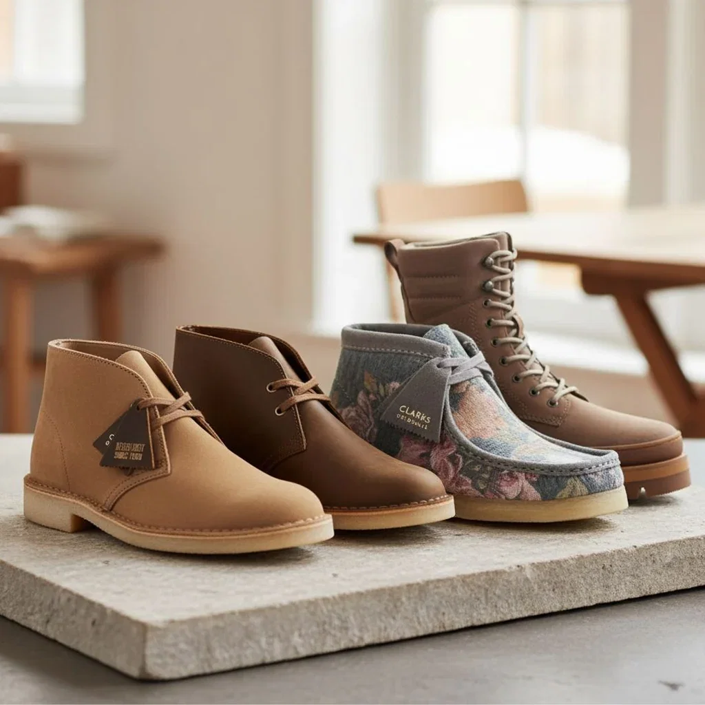 Four Clarks desert boots and wallabee shoes in tan, brown, and patterned styles displayed on a light platform indoors.