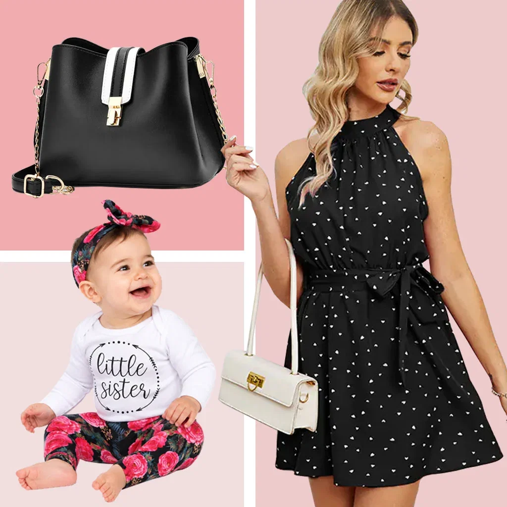 Trendy Attic Store collection featuring black handbags, polka dot halter dress, and matching sister outfits on pink background