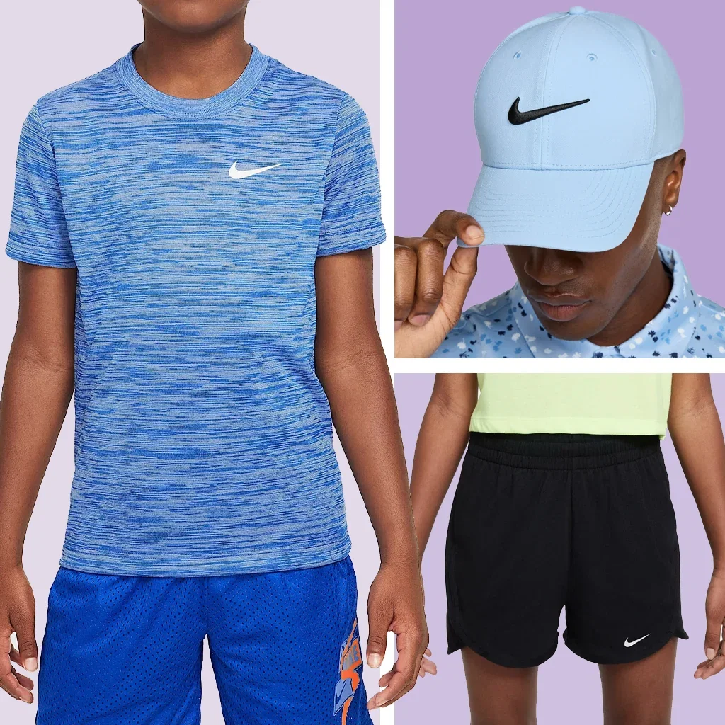 Nike sportswear collection featuring blue heathered t-shirt, light blue cap, neon top, and black shorts on purple background.