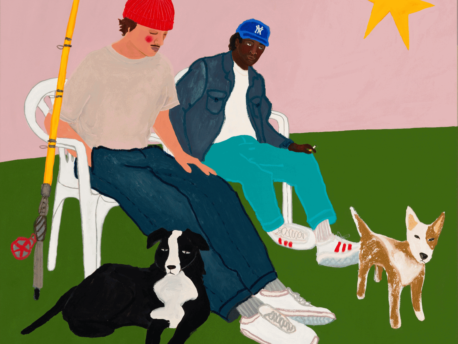 Painting two men with their dogs