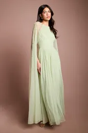 Pleated Mesh Cape Maxi Dress With Gemstone