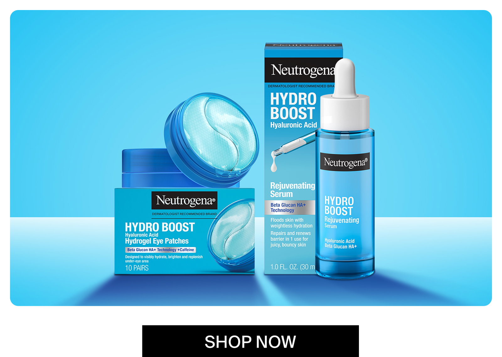 Neutrogena® Hydro Boost Hydrogel Eye Patches and Rejuvenating Serum together displayed outside and inside packaging