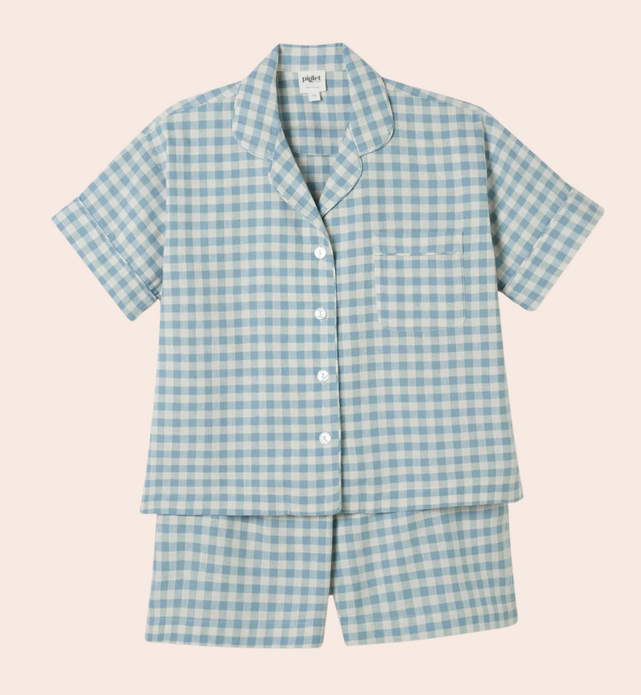 Warm Blue Gingham Linen Blend Pyjama Short Set