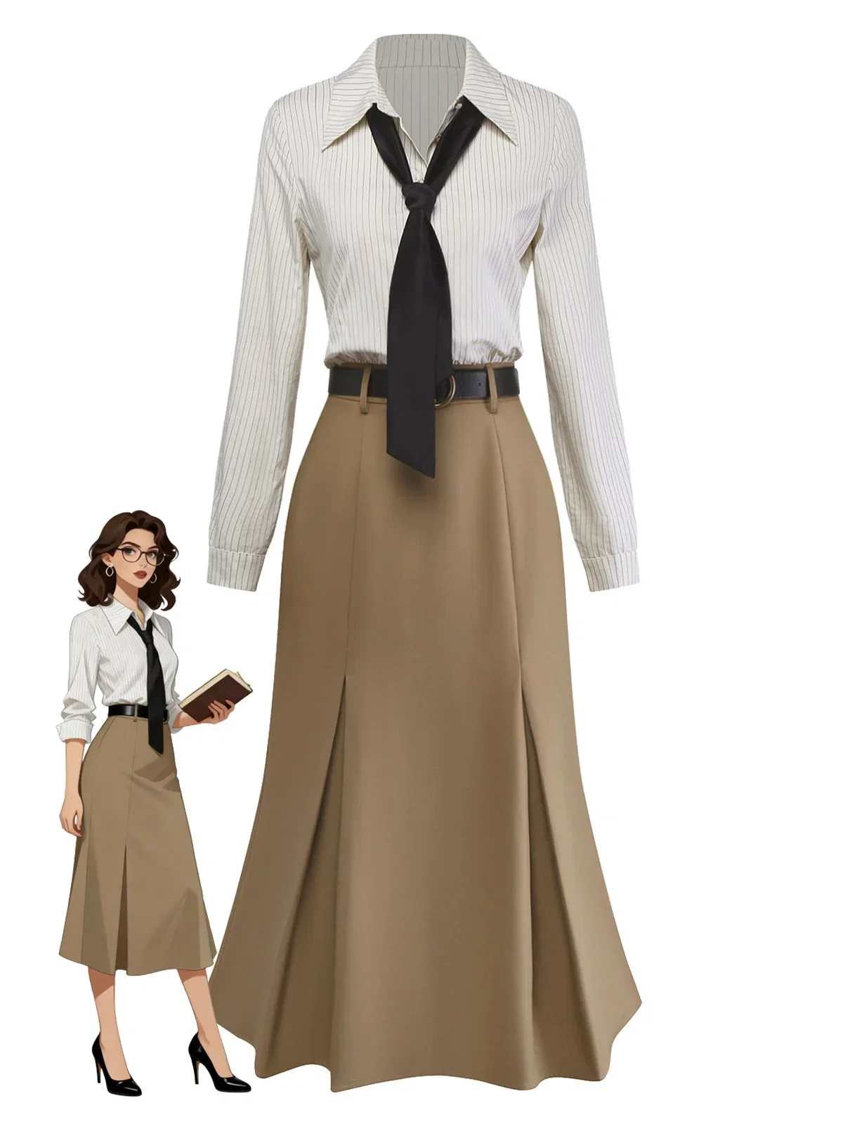 Khaki 1930s Striped Lapel Blouse Detachable Tie Dress