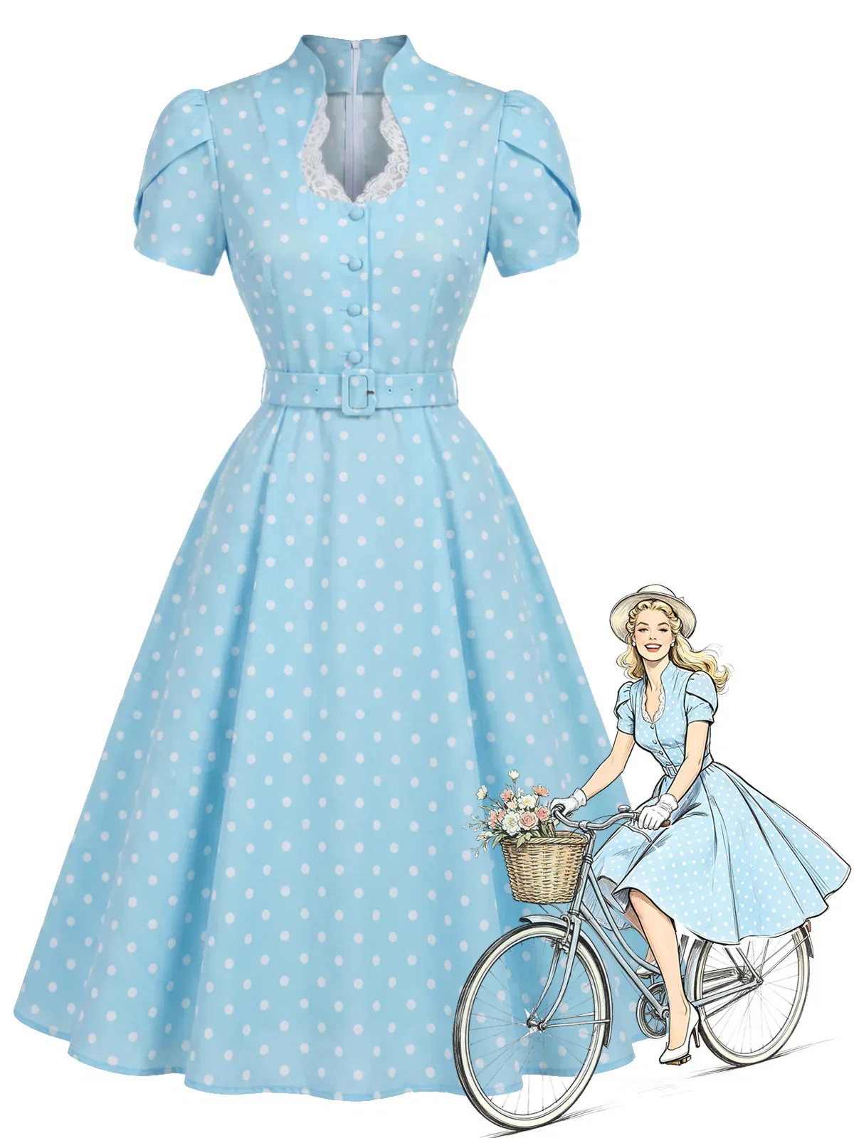 [Pre-Sale] Blue 1950s Polka Dot Keyhole Tulip Sleeve Belted Dress