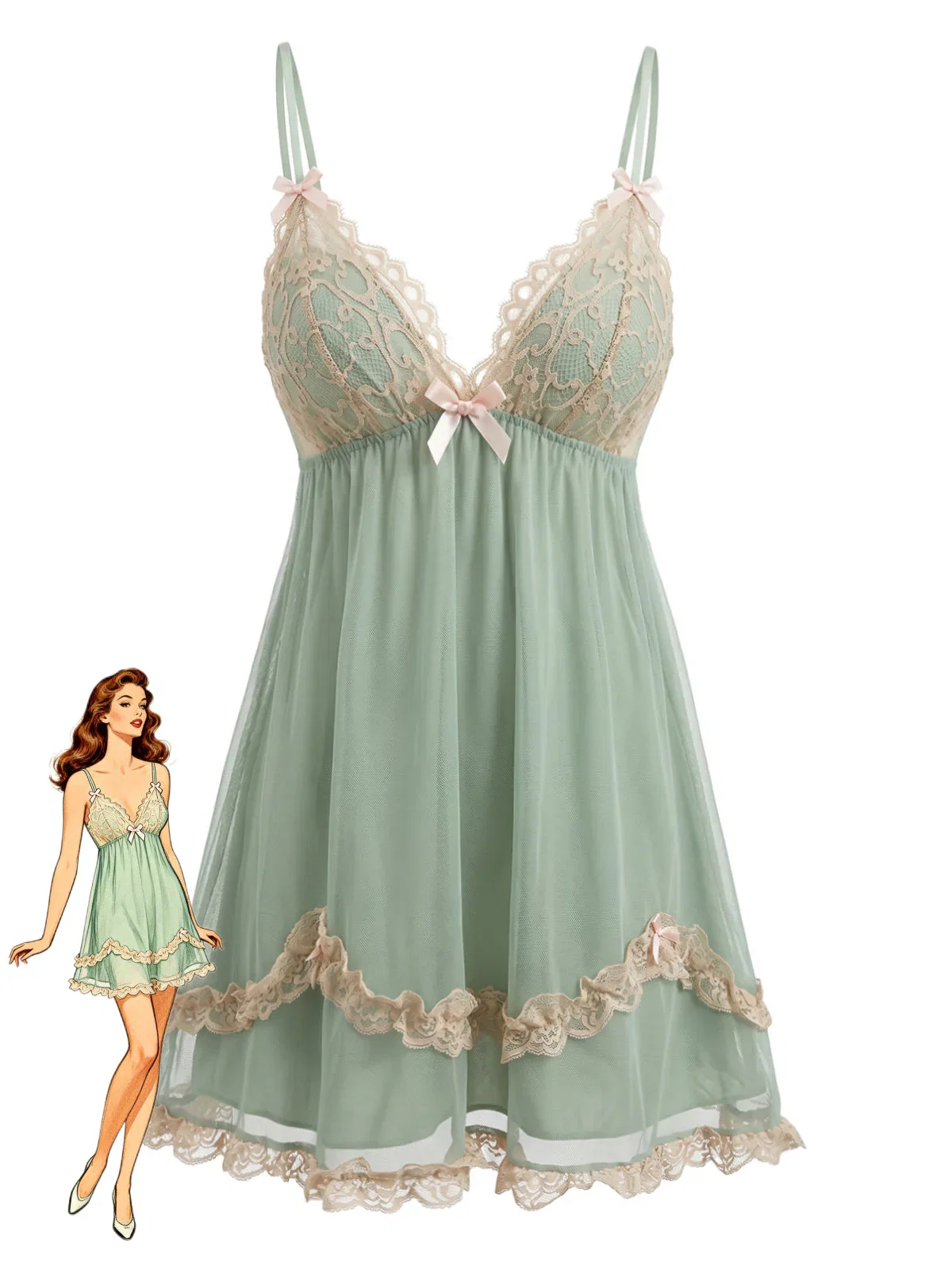 Green 1930s Lace Trim Mesh V-Neck Slip Nightgown