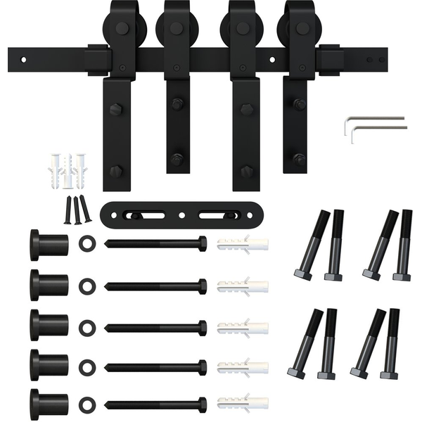 U.S. Futaba 77214 51 040, 6-1/2 Foot Flat Surface Mount Barn Door Hardware Kit, Steel Matte Black, Black Wheel