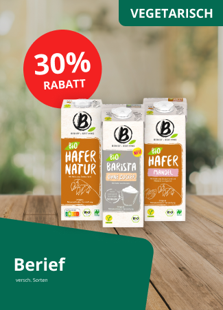 Werbegrafik für Berief Bio-Haferdrinks in den Sorten Hafer Natur, Barista ohne Zucker und Hafer Mandel. Text: „Vegetarisch“, „Berief“ sowie „30 % Rabatt