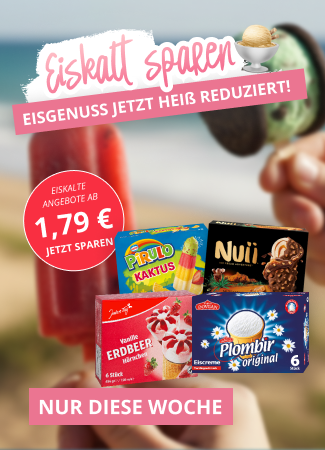 Werbegrafik mit verschiedenen Eissorten (u. a. Nuii, Plombir, Prilud Kaktus und Erdbeer-Hörnchen) vor sommerlichem Hintergrund. Text: „Eiskalt sparen – Eisgenuss jetzt heiß reduziert!“ sowie „Eiskalte Angebote ab 1,79 €“ und „Nur diese Woche