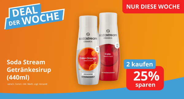 Werbegrafik für SodaStream Getränkesirup (440 ml) in den Sorten Cola und Cola-Orange. Text: „Deal der Woche“, „Nur diese Woche“ sowie „2 kaufen, 25 % sparen