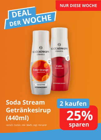 Werbegrafik für SodaStream Getränkesirup (440 ml) in den Sorten Cola und Cola-Orange. Text: „Deal der Woche“, „Nur diese Woche“ sowie „2 kaufen, 25 % sparen