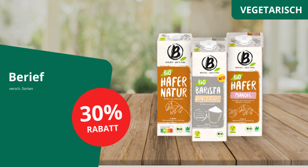 Werbegrafik für Berief Bio-Haferdrinks in den Sorten Hafer Natur, Barista ohne Zucker und Hafer Mandel. Text: „Vegetarisch“, „Berief“ sowie „30 % Rabatt