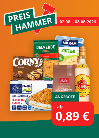 Werbegrafik mit verschiedenen Markenprodukten wie Delverde Pasta, Milram Butter, Corny Riegel, Frosta Schlemmerfilet, Melitta BellaCrema Kaffee und Havanna Club Rum. Text: „Preishammer“, „02.08.–08.08.2026“ sowie „Angebote ab 0,89 €
