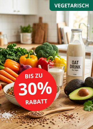 Werbegrafik mit verschiedenen vegetarischen Lebensmitteln wie Gemüse, Linsen, Haferdrink, Avocado und Spargel auf einem Küchentisch. Text: „Vegetarisch“ sowie „Bis zu 30 % Rabatt