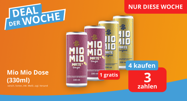 Werbegrafik für Mio Mio Mate in Dosen (330 ml) mit verschiedenen Sorten. Text: „Deal der Woche“, „Nur diese Woche“ sowie „4 kaufen, 3 zahlen“ und „1 gratis“
