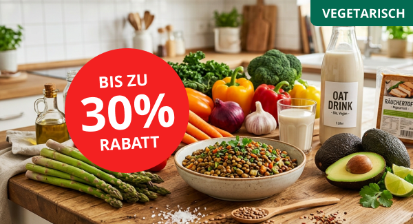 Werbegrafik mit verschiedenen vegetarischen Lebensmitteln wie Gemüse, Linsen, Haferdrink, Avocado und Spargel auf einem Küchentisch. Text: „Vegetarisch“ sowie „Bis zu 30 % Rabatt