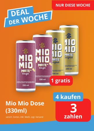 Werbegrafik für Mio Mio Mate in Dosen (330 ml) mit verschiedenen Sorten. Text: „Deal der Woche“, „Nur diese Woche“ sowie „4 kaufen, 3 zahlen“ und „1 gratis“