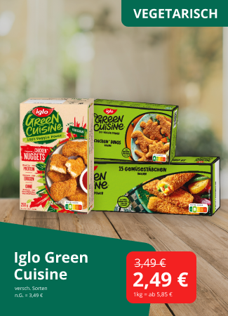 Werbegrafik für Iglo Green Cuisine mit verschiedenen vegetarischen Produkten, darunter Nuggets, Chicken Dinos und Gemüsestäbchen. Text: „Vegetarisch“, „Iglo Green Cuisine“ sowie Angebotspreis 2,49 € statt 3,49 €