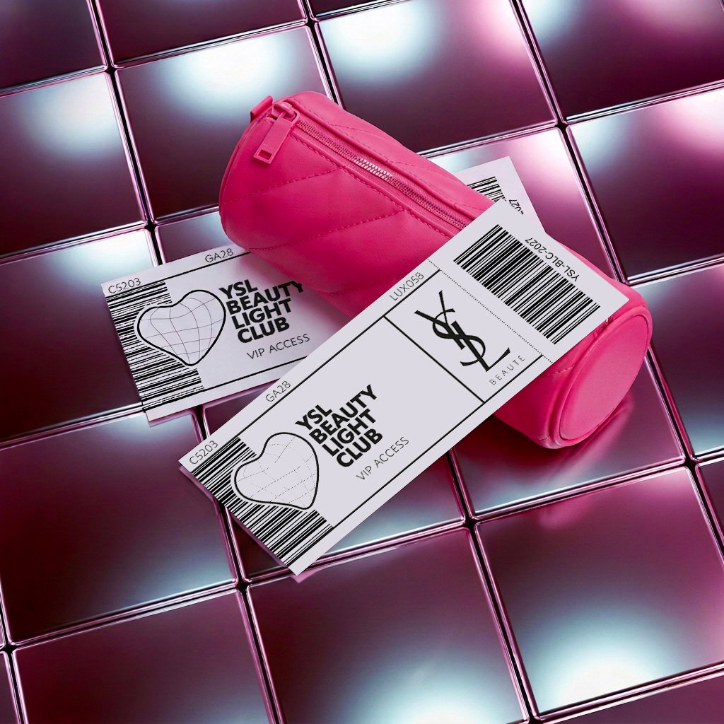 A vibrant pink quilted pouch and two VIP Access tickets for the YSL Beauty Light Club displayed on reflective metallic tiles.