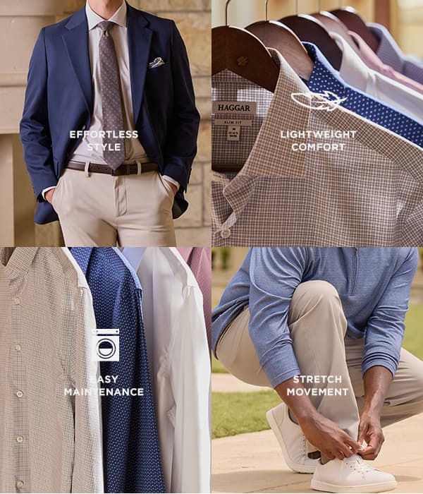 Wrinkle Free shirts and Haggar Sport pants offer breathable comfort, a lightweight feel, easy maintenance, and wrinkle resistance.