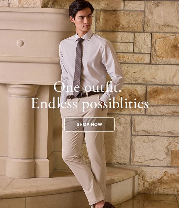 Man poses in a Haggar outfit, headline says, "One outfit. Endless possibilities".