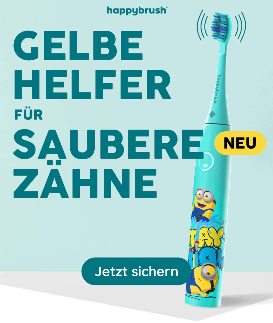 Happybrush electric toothbrush with Minions design, featuring "Yellow Helpers for Clean Teeth" text.
