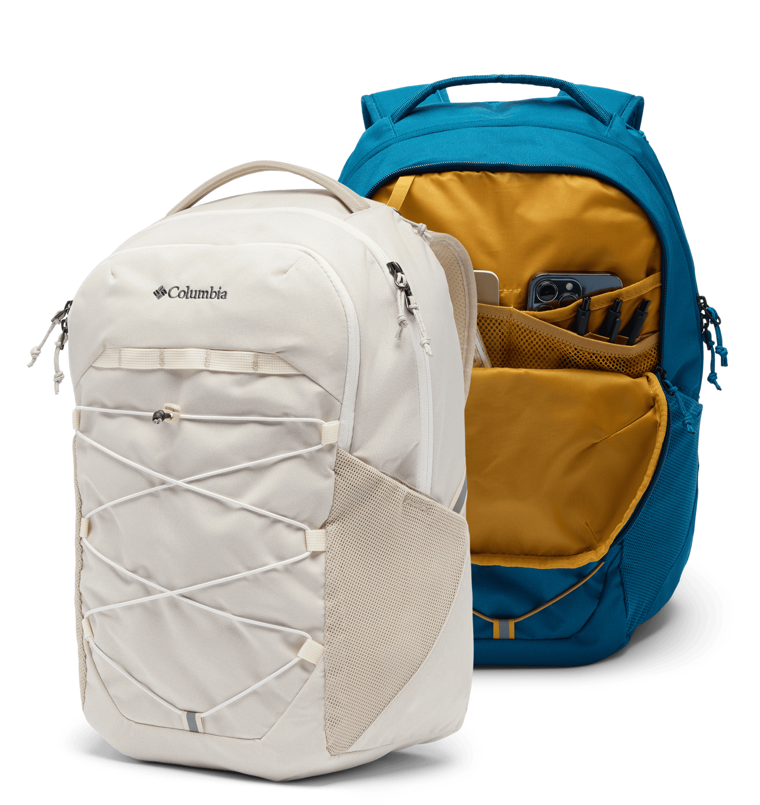 A white backpack and a yellow and blue one against a white background.