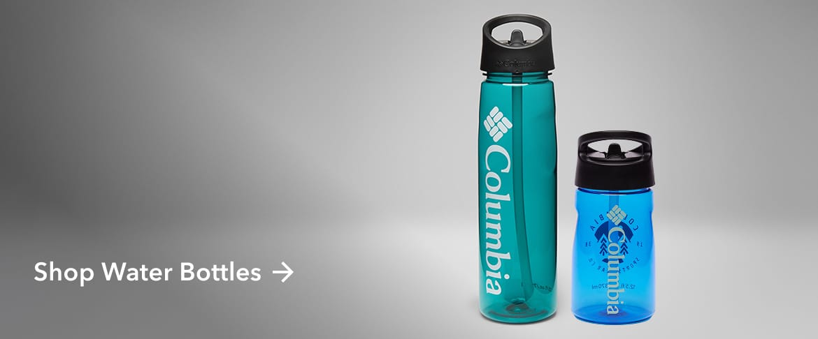 Two blue water bottles with text: Shop Water Bottles