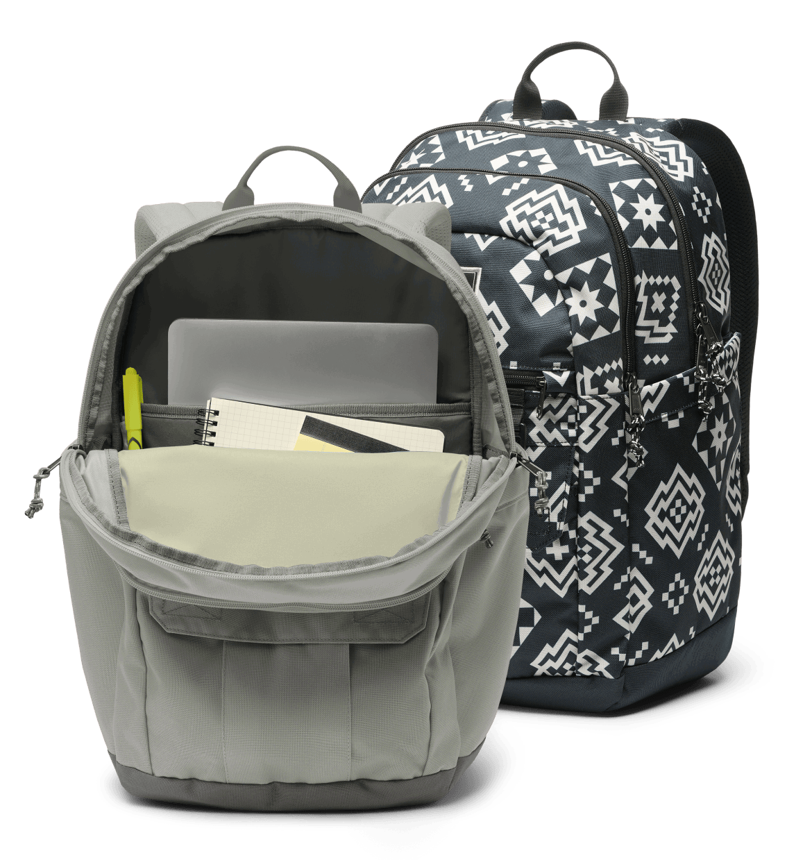 A pink backpack and a white and black one against a white background.