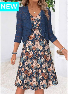 Multi Color Floral Print Two-piece Dress and Cardigan