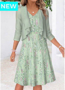 Light Green Geometric Print Two-piece Dress and Cardigan