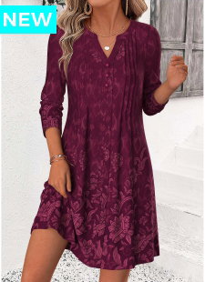 Wine Red Random Floral Print Short Tuck Stitch Dress