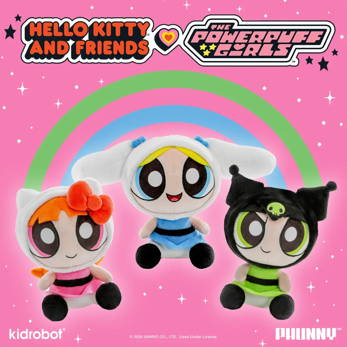 Image of Hello Kitty® and Friends x The Powerpuff Girls - Blossom as Hello Kitty®, Bubbles as Cinnamoroll™, and Buttercup as Kuromi™ Phunny Plush Bundle 3-Pack