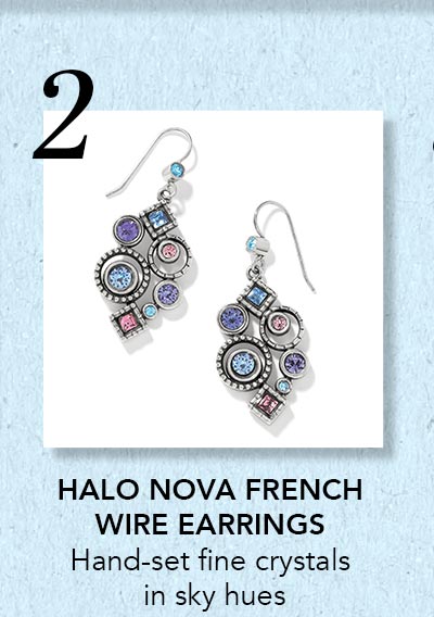 Two: Halo Nova French Wire Earrings - Hand-set fine crystals in sky hues.