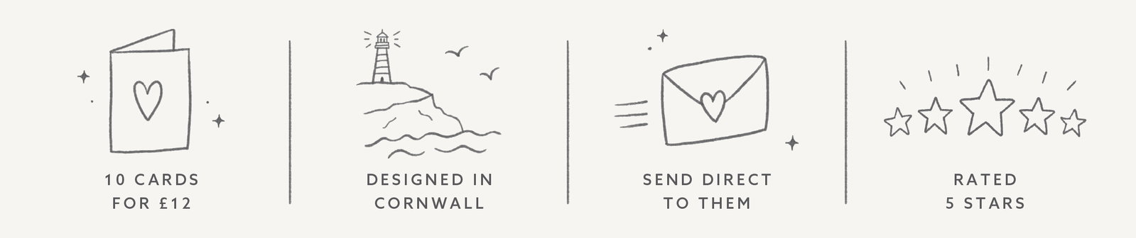 Icons highlighting Whistlefish values: unique designs, made in Cornwall, planting a tree and using considered materials.
