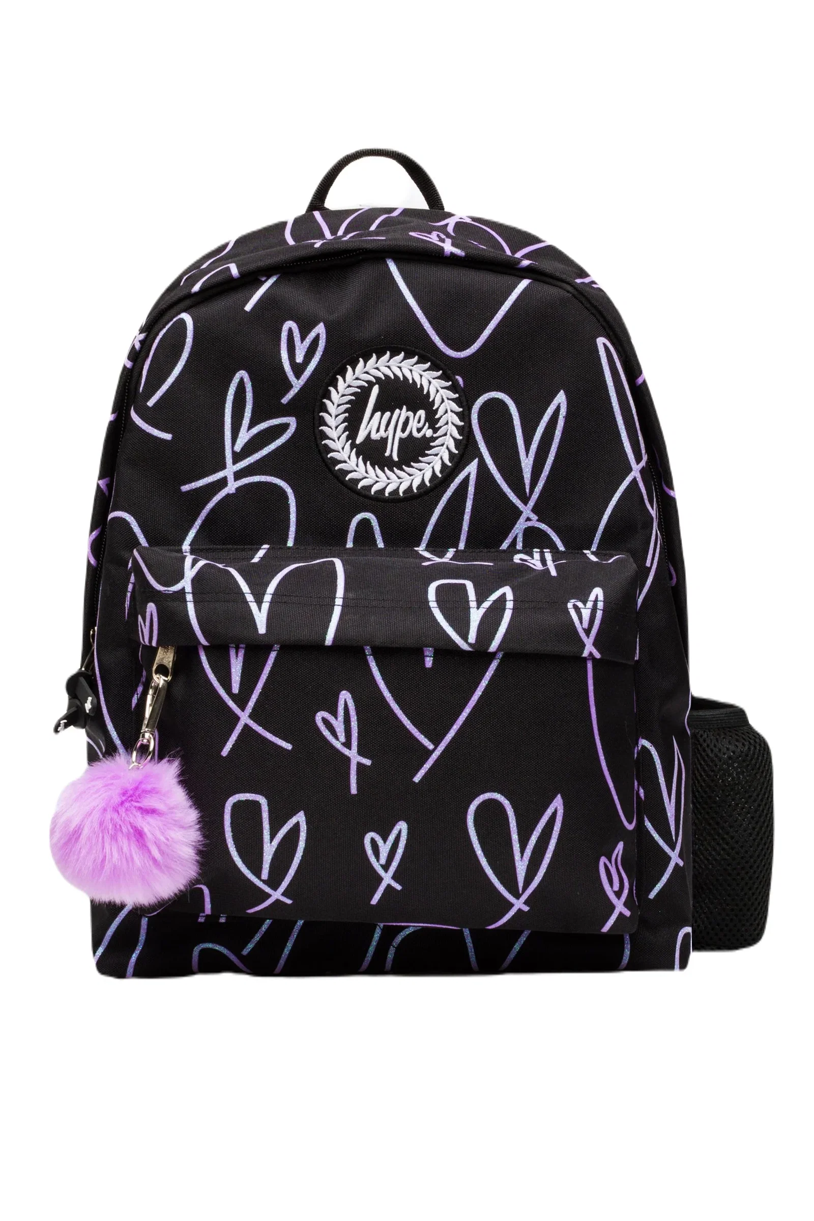 Image of Hype Girls Black/Purple Glitter Scribble Hearts Iconic Backpack