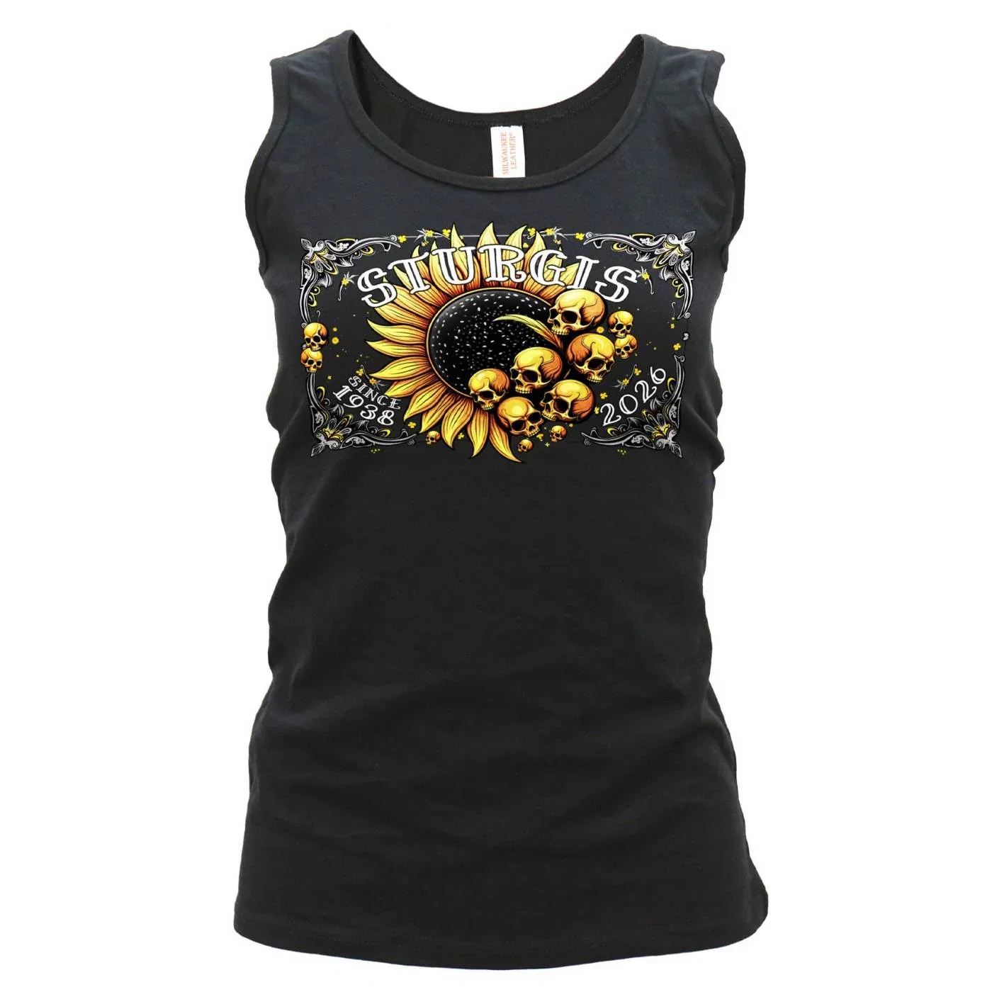 Image of 2026 Ladies Sturgis Motorcycle Rally Cosmic Sunflower Black Tank Top - SPL2900