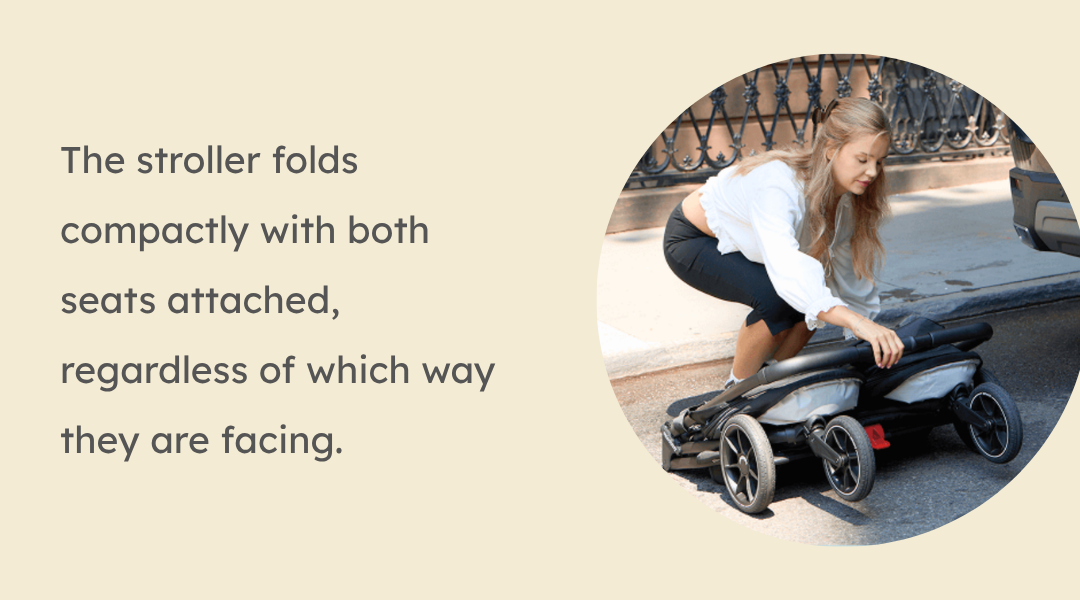 The stroller folds compactly with both seats attached, regardless of which way they are facing.