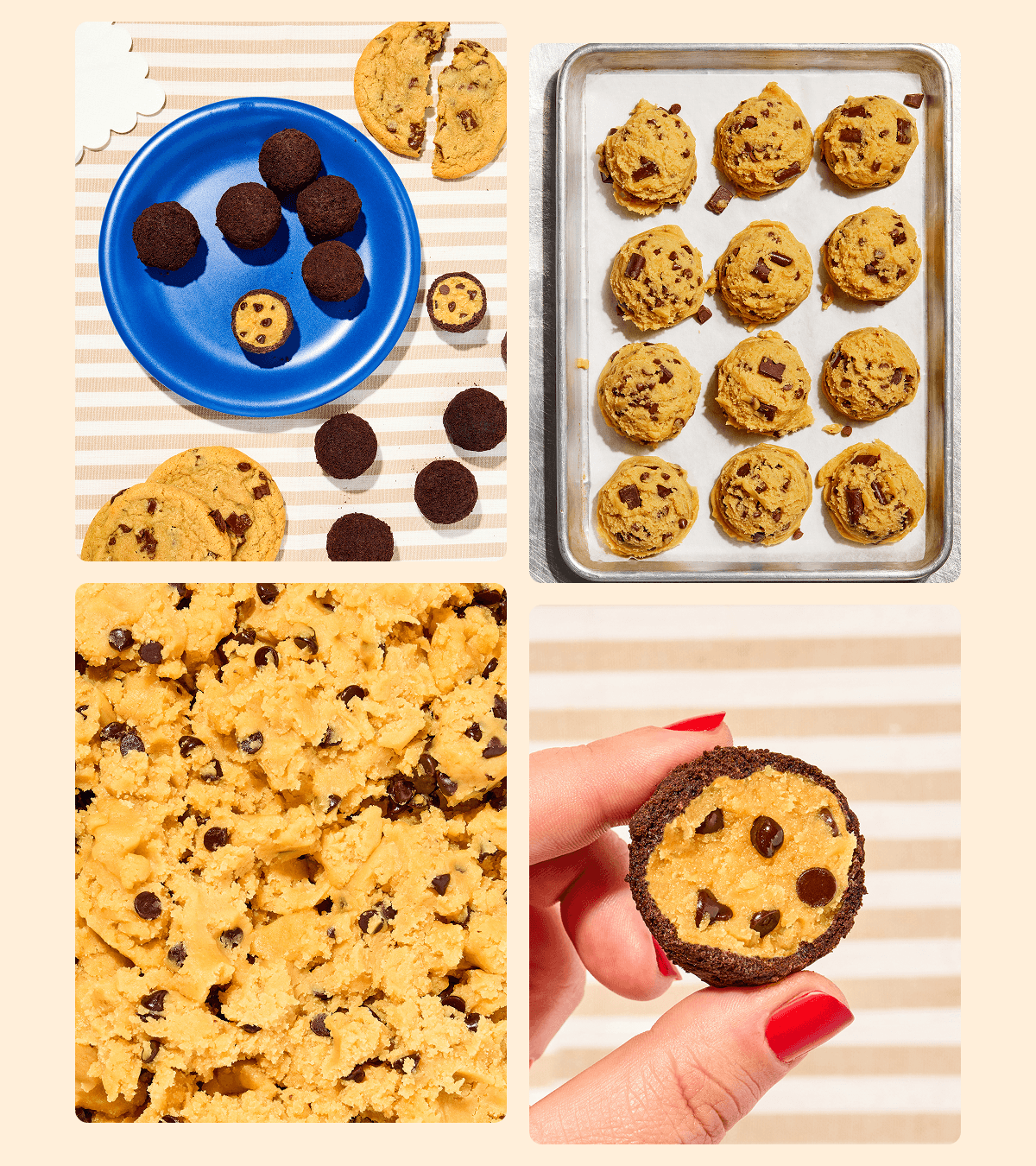 Four-image collage featuring chocolate chip cookies and cookie truffles on a blue plate, scoops of chocolate chunk cookie dough on a baking sheet, a close-up of chocolate chip cookie dough, and a hand holding a chocolate cookie truffle filled with cookie dough.