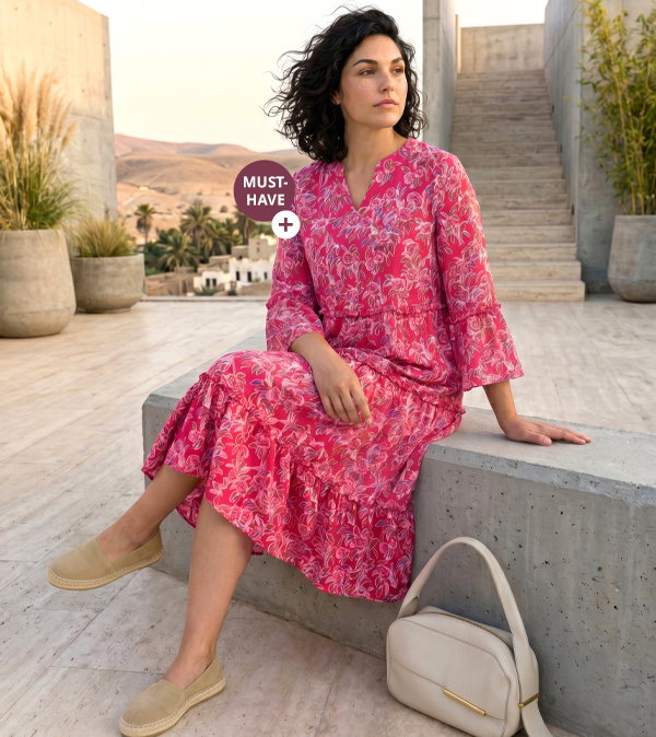 Jersey jurk, paisley, A-lijn, V-hals, 3/4-mouwen