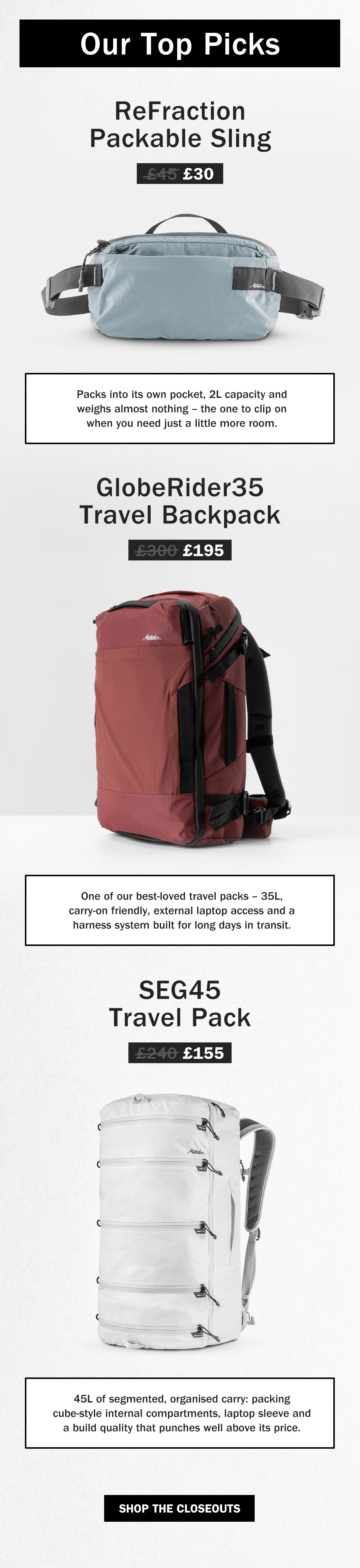 Our Top Picks | Matador Closeouts | Previous Generation Bags | WildBounds