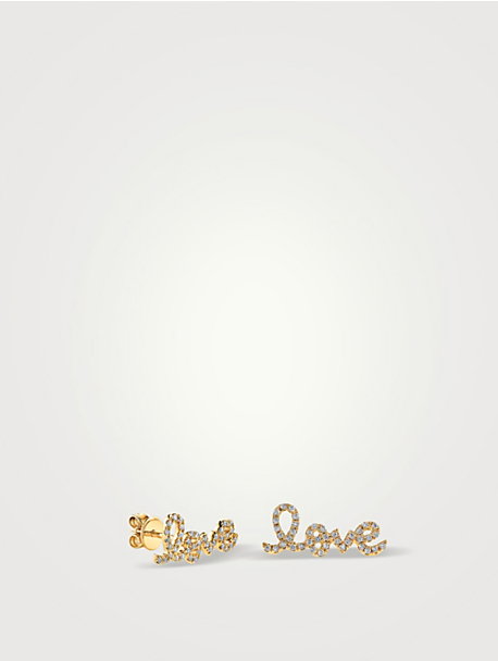 14K Gold Love Script Stud Earrings With Diamonds