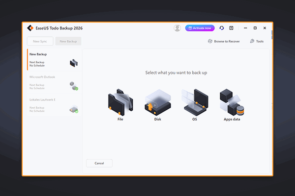 (screenshot: Create new Backup – Options: File, Disk, OS, App Data)