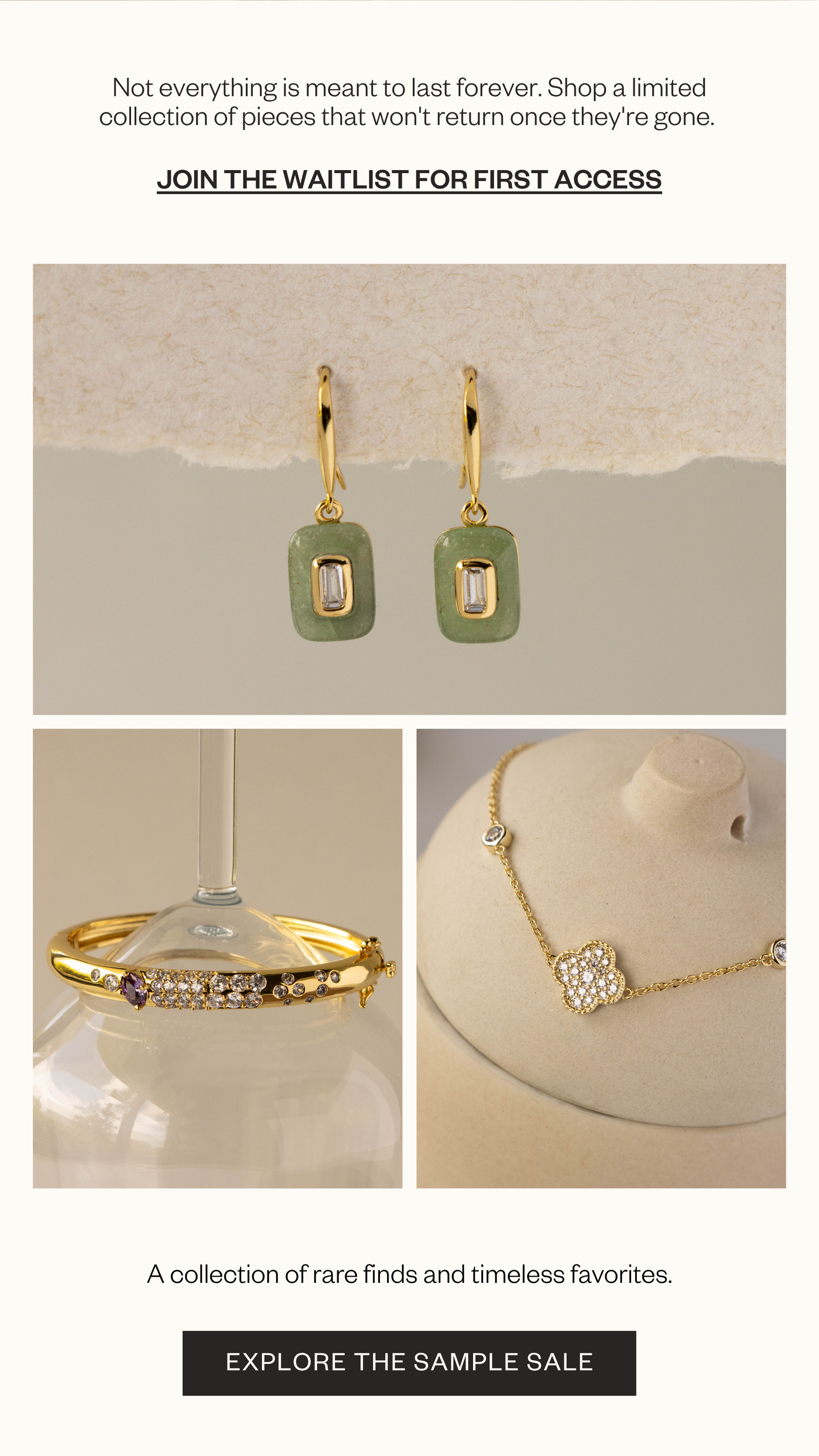 Join the waitlist for First Access - Grid featuring jade earring and gold bracelet and necklace.