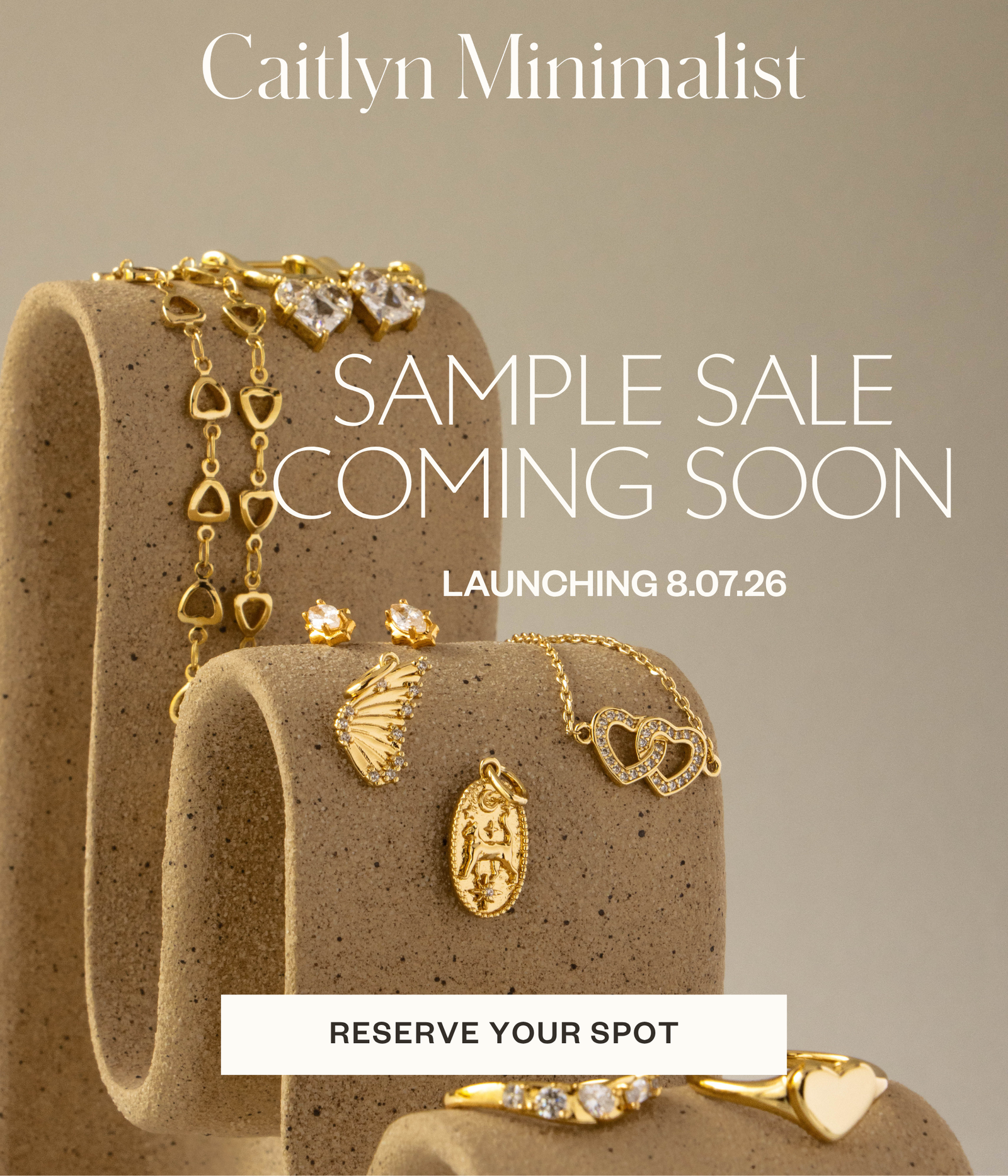 Sample sale coming soon, launching 8.07.26. Featuring various gold jewelry pieces like necklaces, earrings, and rings.