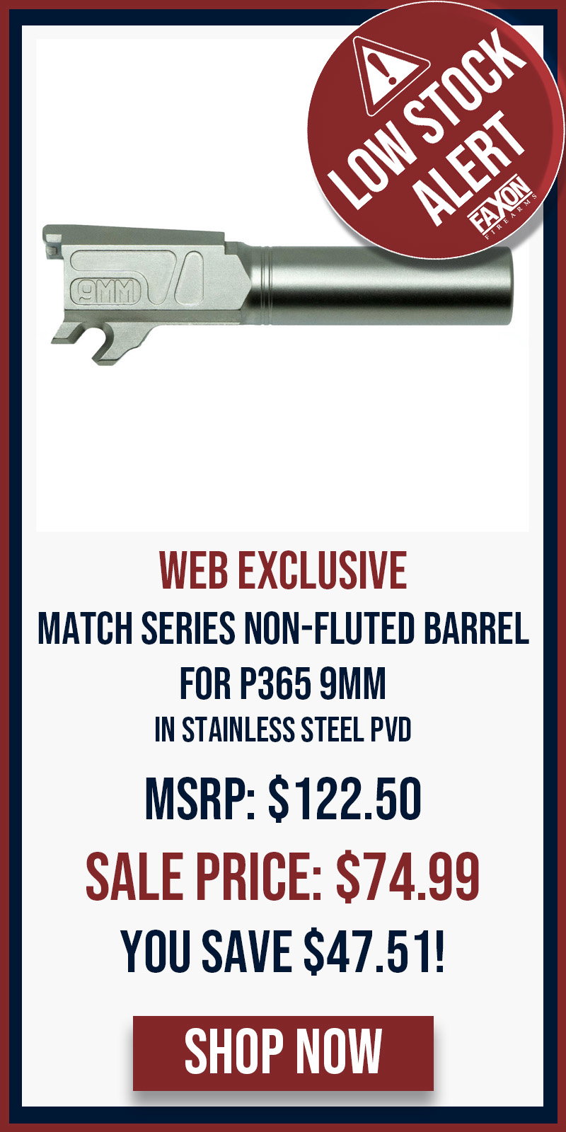 WEBSITE EXCLUSIVE: FAXON MATCH SERIES NON-FLUTED BARREL FOR P365 9MM - STAINLESS STEEL PVD