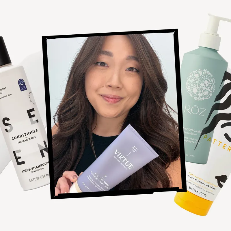 Image contains an Allure editor holding the Virtue Full Volumizing Conditioner surrounded by a collage of the best conditioners for fine hair silos
